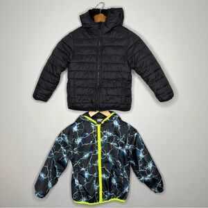 2 Lands’ End Kids Coats Black Puffer Jacket and Pattern Windbreaker Raincoat EE